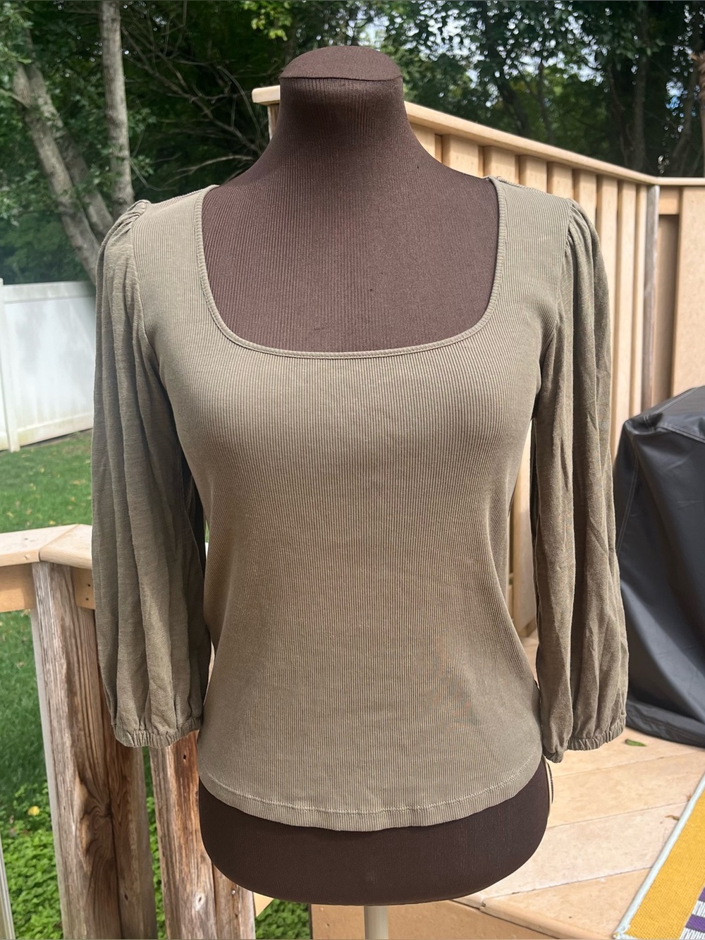 Sanctuary Olive Square Neck Ribbed Knit 3/4 Puff Sleeve Top Size S Fairy Boho